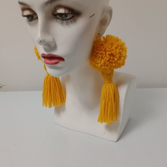 Boho Chic Yellow Pom Pom Tassel Earrings Handmade Statement Jewelry - Picture 2 of 7